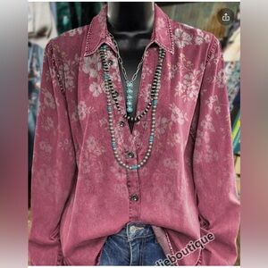 Women’s size S button up shirt. NWOT. Red gradient floral design.